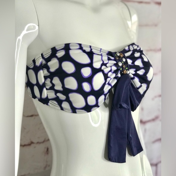 ST. JOHN Pebble Size 6 Bandeau & Halter Tie Embellished Swim Top Navy & White - Picture 12 of 15